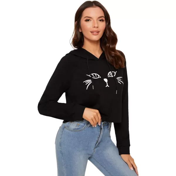 SweatyRocks Women's Long Sleeve Hoodie Crop Top Cat Print Sweatshirt