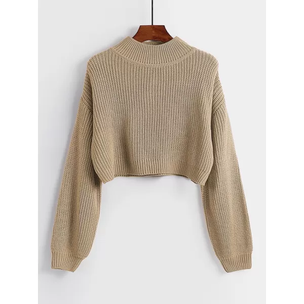 SweatyRocks Women's Long Sleeve Mock Neck Cropped Sweater Drop Shoulder Pullover Sweater Lantern Sleeve Ribbed Knit Crop Top