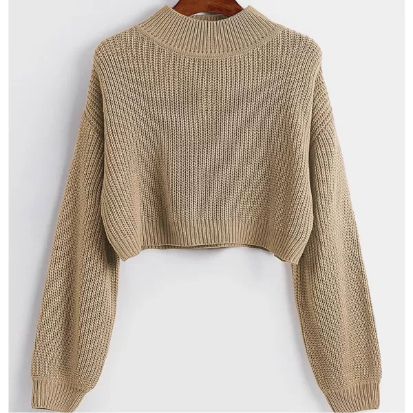 SweatyRocks Women's Long Sleeve Mock Neck Cropped Sweater Drop Shoulder Pullover Sweater Lantern Sleeve Ribbed Knit Crop Top