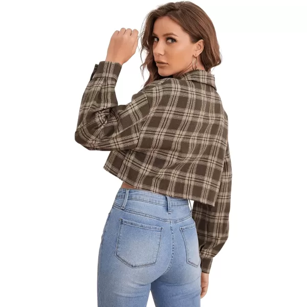 SweatyRocks Women's Long Sleeve Plaid Button Down Collar Crop Blouse Shirt Top
