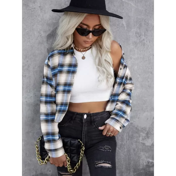 SweatyRocks Women's Long Sleeve Plaid Button Down Collar Crop Blouse Shirt Top