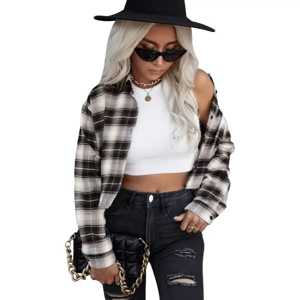 SweatyRocks Women's Long Sleeve Plaid Button Down Collar Crop Blouse Shirt Top