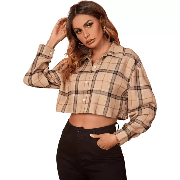 SweatyRocks Women's Long Sleeve Plaid Button Down Collar Crop Blouse Shirt Top