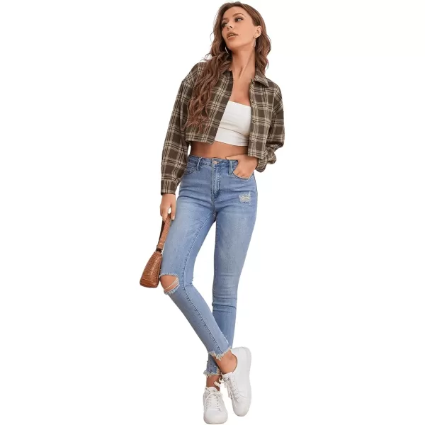 SweatyRocks Women's Long Sleeve Plaid Button Down Collar Crop Blouse Shirt Top
