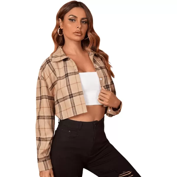 SweatyRocks Women's Long Sleeve Plaid Button Down Collar Crop Blouse Shirt Top