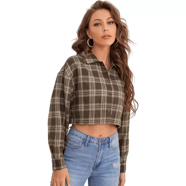 SweatyRocks Women's Long Sleeve Plaid Button Down Collar Crop Blouse Shirt Top