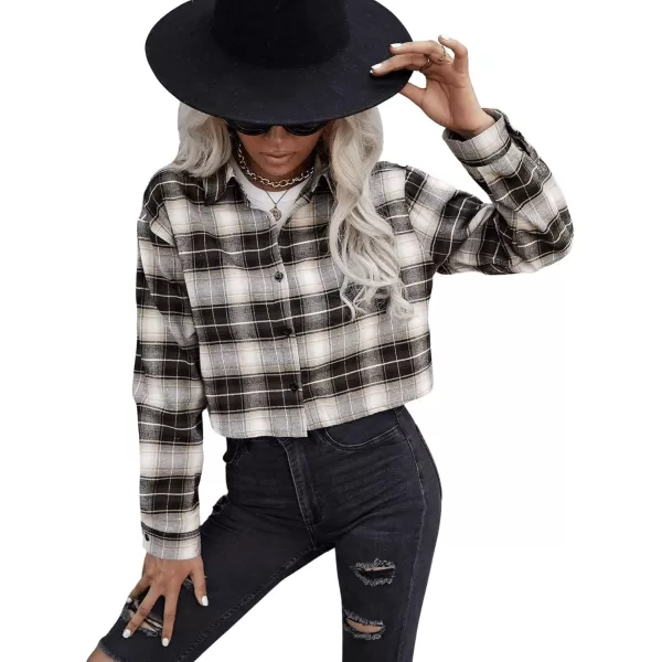 SweatyRocks Women's Long Sleeve Plaid Button Down Collar Crop Blouse Shirt Top
