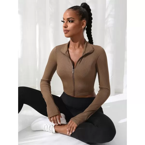 SweatyRocks Women's Long Sleeve Stand Collar Zip Up Crop Top Stretchy Sports Jacket Activewear