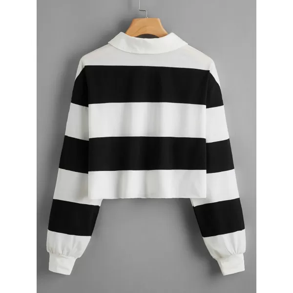 SweatyRocks Women's Long Sleeve T-Shirt Button Front Striped Polo Shirt