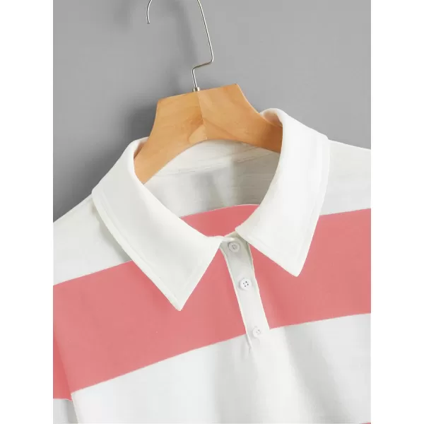 SweatyRocks Women's Long Sleeve T-Shirt Button Front Striped Polo Shirt