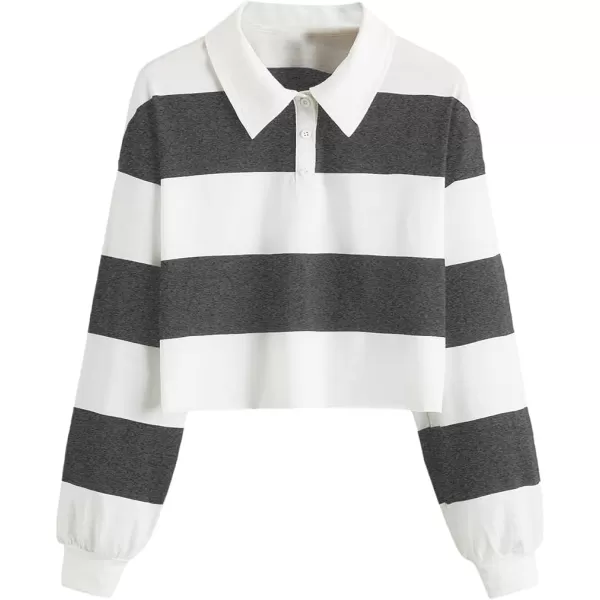 SweatyRocks Women's Long Sleeve T-Shirt Button Front Striped Polo Shirt