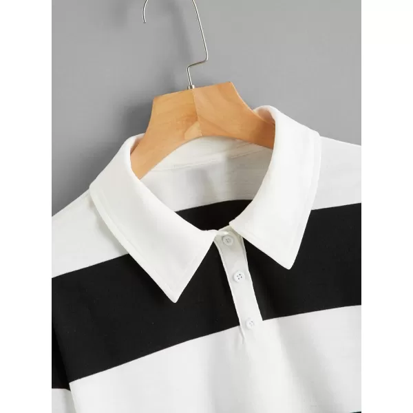 SweatyRocks Women's Long Sleeve T-Shirt Button Front Striped Polo Shirt