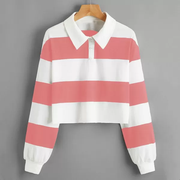 SweatyRocks Women's Long Sleeve T-Shirt Button Front Striped Polo Shirt
