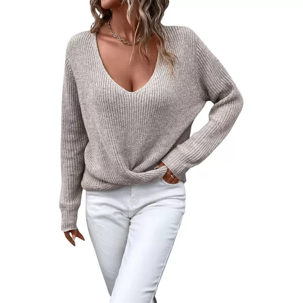 SweatyRocks Women's Long Sleeve Twist Front Sweater V Neck Drop Shoulder Cut Out Back Knitwear