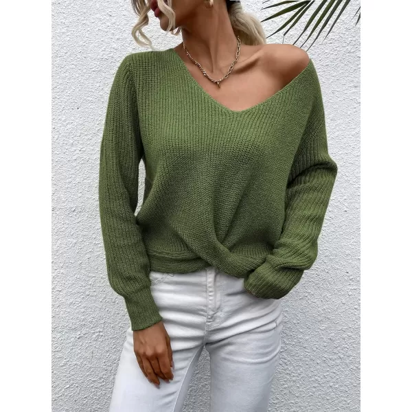 SweatyRocks Women's Long Sleeve Twist Front Sweater V Neck Drop Shoulder Cut Out Back Knitwear
