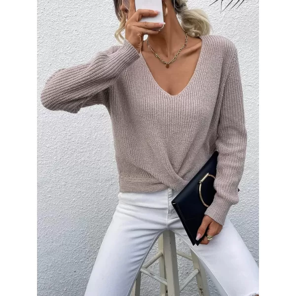 SweatyRocks Women's Long Sleeve Twist Front Sweater V Neck Drop Shoulder Cut Out Back Knitwear