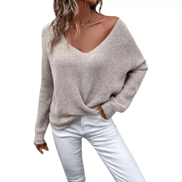 SweatyRocks Women's Long Sleeve Twist Front Sweater V Neck Drop Shoulder Cut Out Back Knitwear