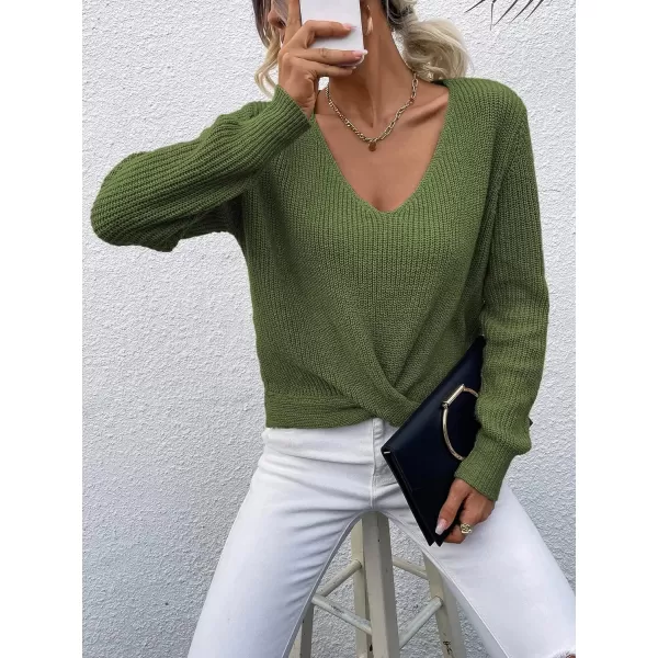 SweatyRocks Women's Long Sleeve Twist Front Sweater V Neck Drop Shoulder Cut Out Back Knitwear