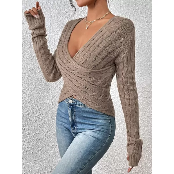 SweatyRocks Women's Long Sleeve V Neck Color Block Sweater Top Split Cable Knit Slim Fit Sweater