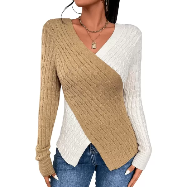 SweatyRocks Women's Long Sleeve V Neck Color Block Sweater Top Split Cable Knit Slim Fit Sweater
