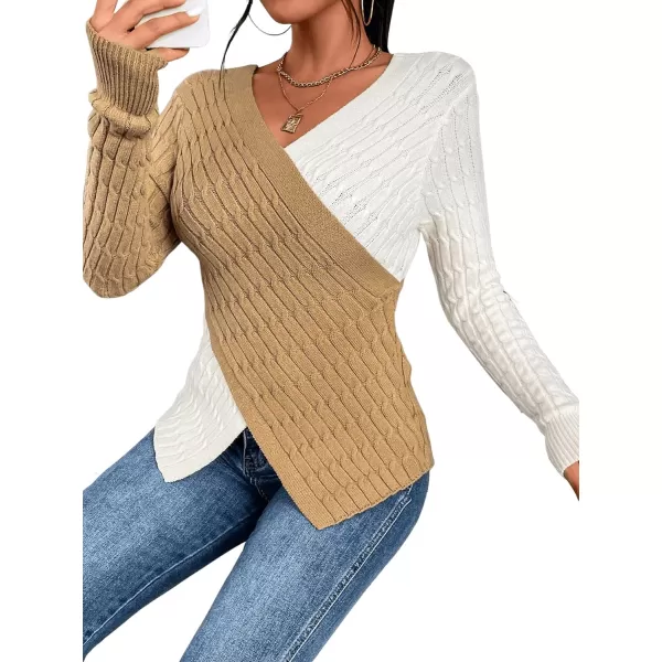 SweatyRocks Women's Long Sleeve V Neck Color Block Sweater Top Split Cable Knit Slim Fit Sweater