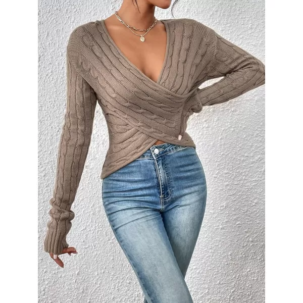 SweatyRocks Women's Long Sleeve V Neck Color Block Sweater Top Split Cable Knit Slim Fit Sweater