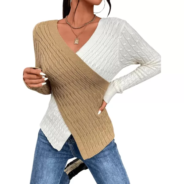 SweatyRocks Women's Long Sleeve V Neck Color Block Sweater Top Split Cable Knit Slim Fit Sweater