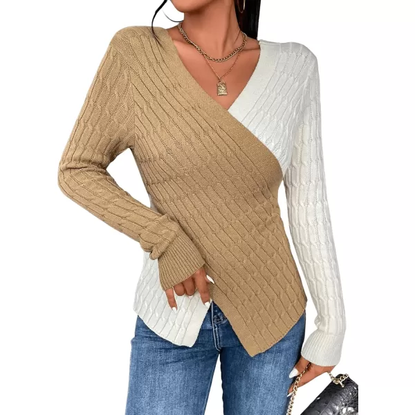 SweatyRocks Women's Long Sleeve V Neck Color Block Sweater Top Split Cable Knit Slim Fit Sweater