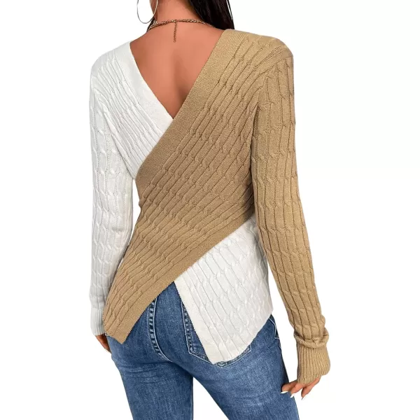 SweatyRocks Women's Long Sleeve V Neck Color Block Sweater Top Split Cable Knit Slim Fit Sweater