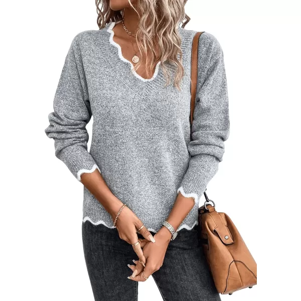 SweatyRocks Women's Long Sleeve V Neck Ribbed Knit Top Scallop Trim Drop Shoulder Pullover Sweater