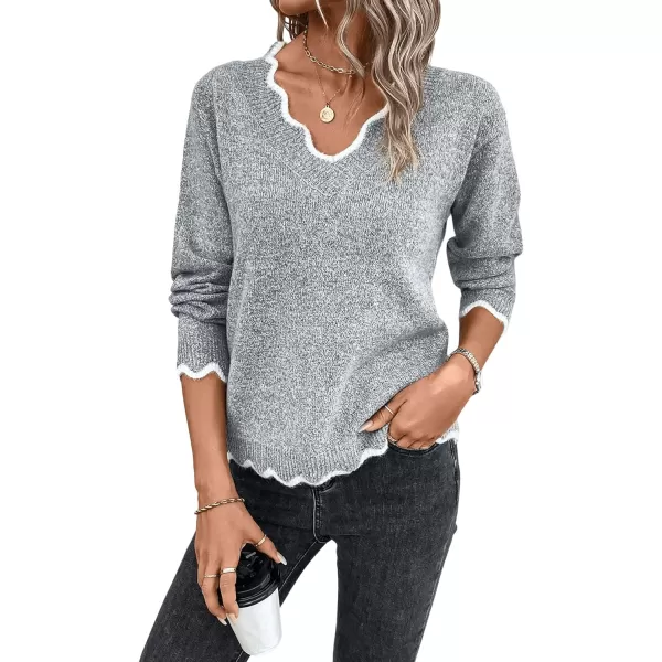 SweatyRocks Women's Long Sleeve V Neck Ribbed Knit Top Scallop Trim Drop Shoulder Pullover Sweater