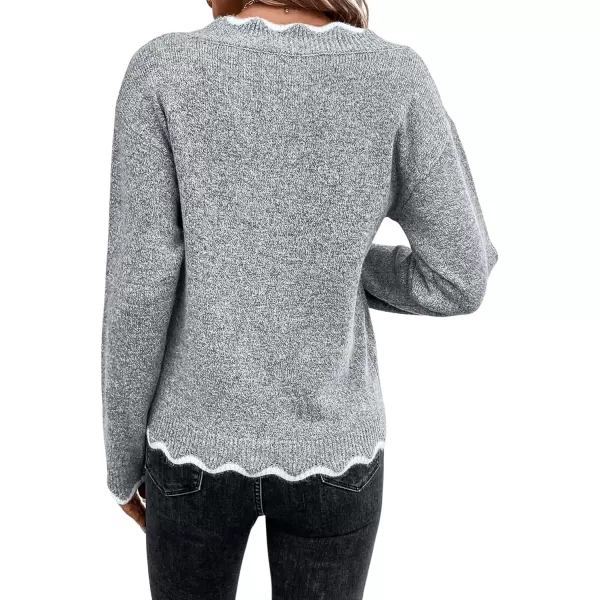 SweatyRocks Women's Long Sleeve V Neck Ribbed Knit Top Scallop Trim Drop Shoulder Pullover Sweater