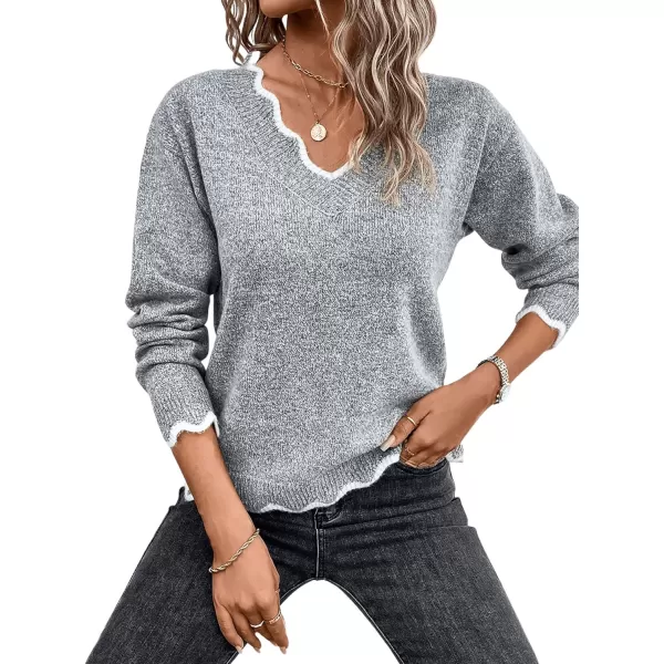 SweatyRocks Women's Long Sleeve V Neck Ribbed Knit Top Scallop Trim Drop Shoulder Pullover Sweater