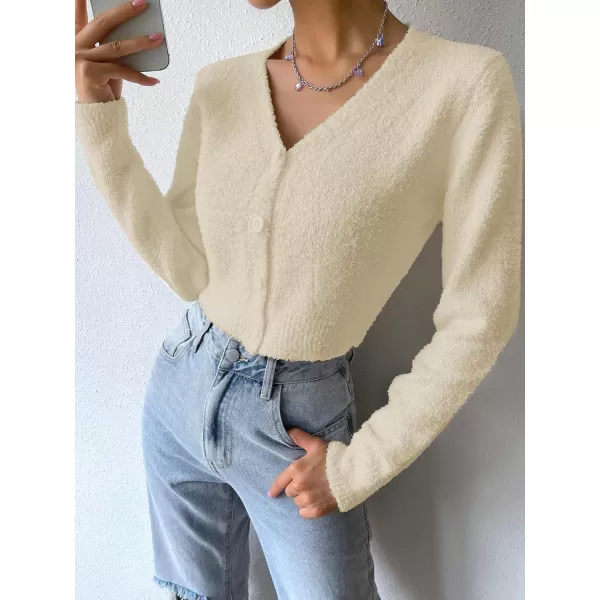 SweatyRocks Women's Long Sleeve V Neck Sweater Crop Top Button Front Fuzzy Knit Cardigan