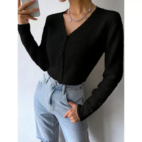 SweatyRocks Women's Long Sleeve V Neck Sweater Crop Top Button Front Fuzzy Knit Cardigan