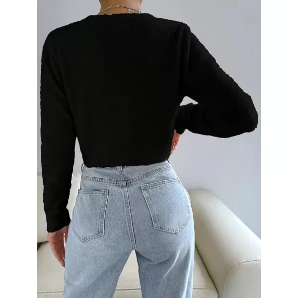SweatyRocks Women's Long Sleeve V Neck Sweater Crop Top Button Front Fuzzy Knit Cardigan