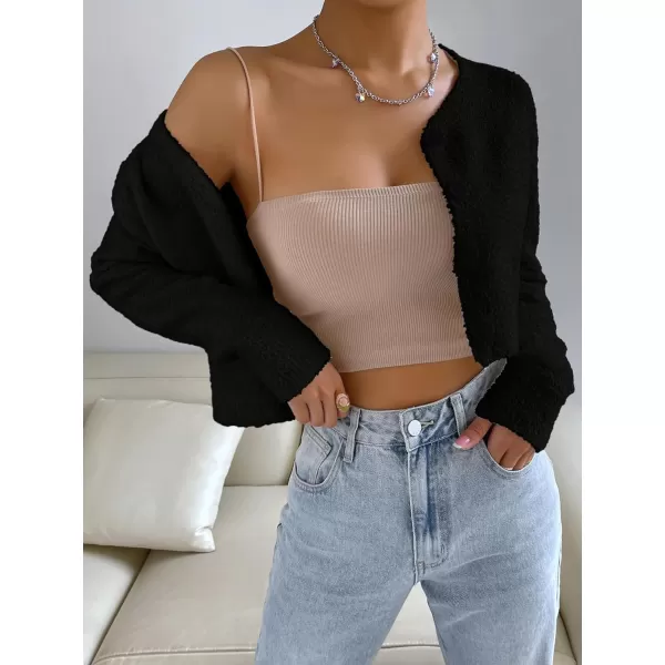 SweatyRocks Women's Long Sleeve V Neck Sweater Crop Top Button Front Fuzzy Knit Cardigan
