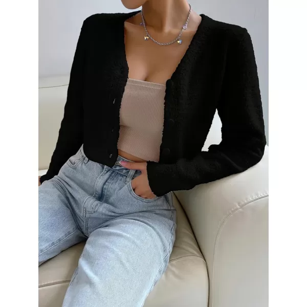 SweatyRocks Women's Long Sleeve V Neck Sweater Crop Top Button Front Fuzzy Knit Cardigan