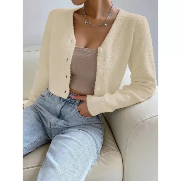 SweatyRocks Women's Long Sleeve V Neck Sweater Crop Top Button Front Fuzzy Knit Cardigan
