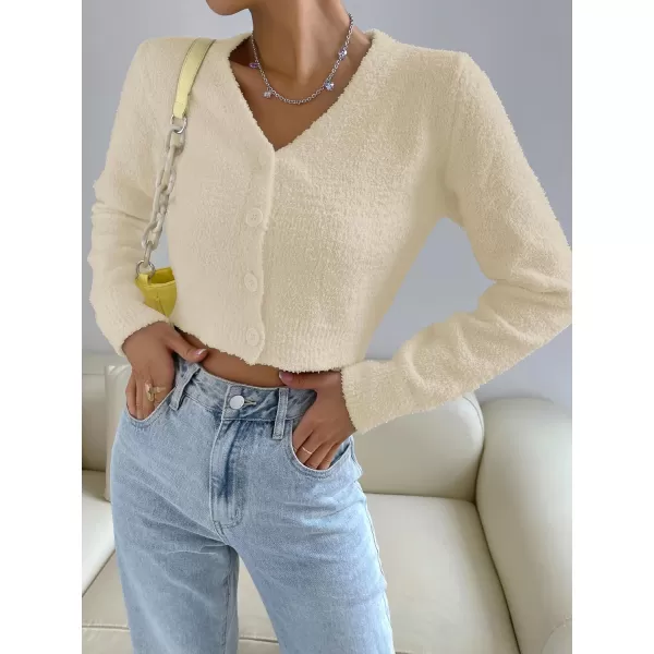 SweatyRocks Women's Long Sleeve V Neck Sweater Crop Top Button Front Fuzzy Knit Cardigan