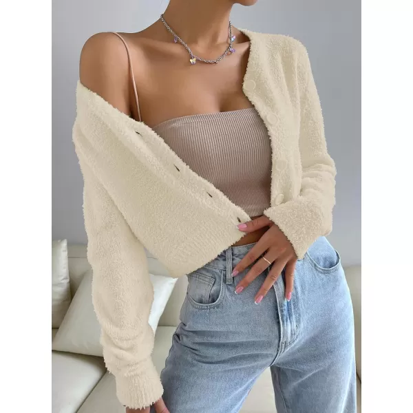 SweatyRocks Women's Long Sleeve V Neck Sweater Crop Top Button Front Fuzzy Knit Cardigan