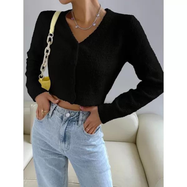 SweatyRocks Women's Long Sleeve V Neck Sweater Crop Top Button Front Fuzzy Knit Cardigan