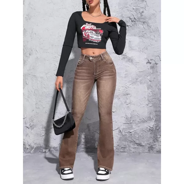 SweatyRocks Women's Low Rise Jeans Casual Zipper Fly Flare Leg Denim Pants with Pocket