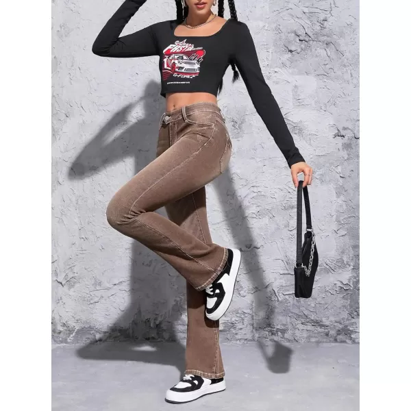 SweatyRocks Women's Low Rise Jeans Casual Zipper Fly Flare Leg Denim Pants with Pocket