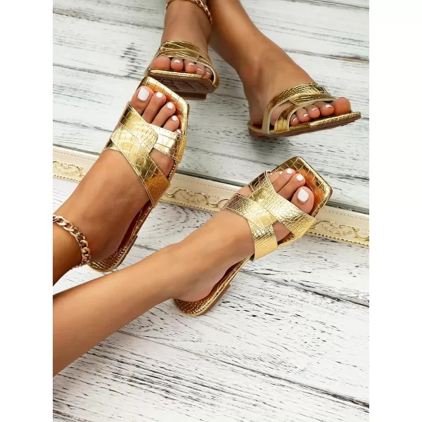 SweatyRocks Women's Metallic Crocodile Pattern Flat Slippers Crisscross Open Toe Slide Sandals