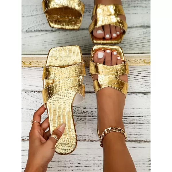 SweatyRocks Women's Metallic Crocodile Pattern Flat Slippers Crisscross Open Toe Slide Sandals