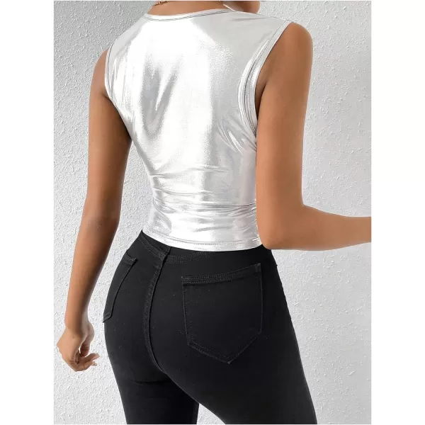 SweatyRocks Women's Metallic Ruched Square Neck Tank Top Sleeveless Slim Fit Party Crop Tank Top