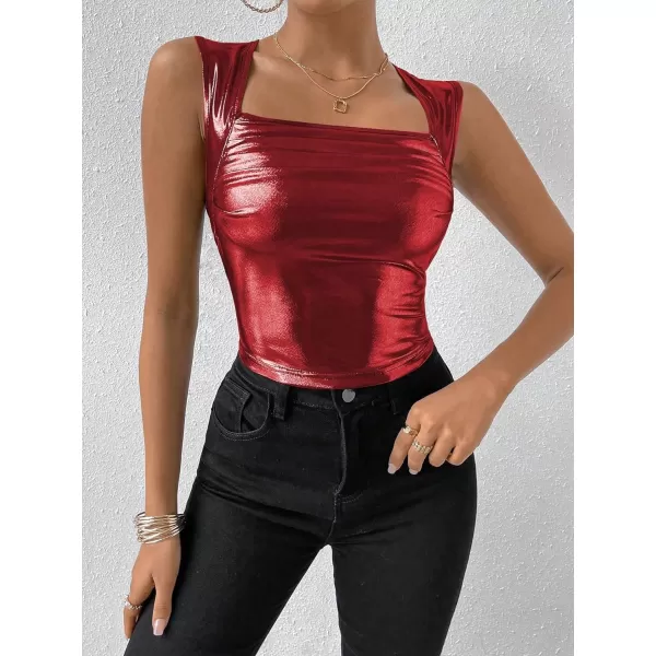 SweatyRocks Women's Metallic Ruched Square Neck Tank Top Sleeveless Slim Fit Party Crop Tank Top