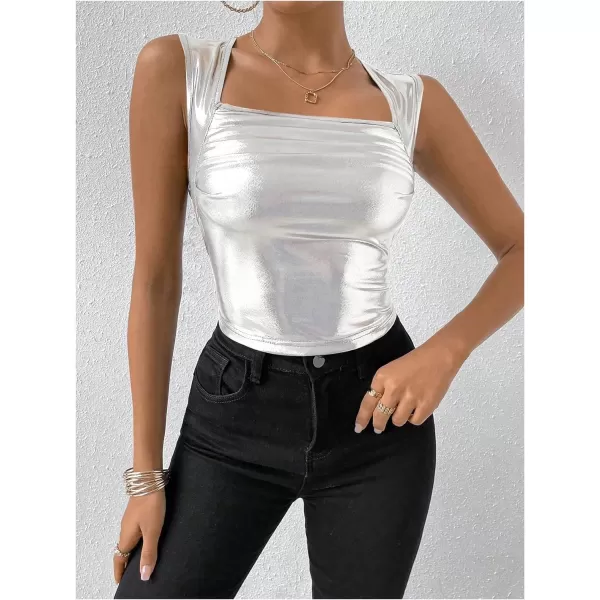 SweatyRocks Women's Metallic Ruched Square Neck Tank Top Sleeveless Slim Fit Party Crop Tank Top