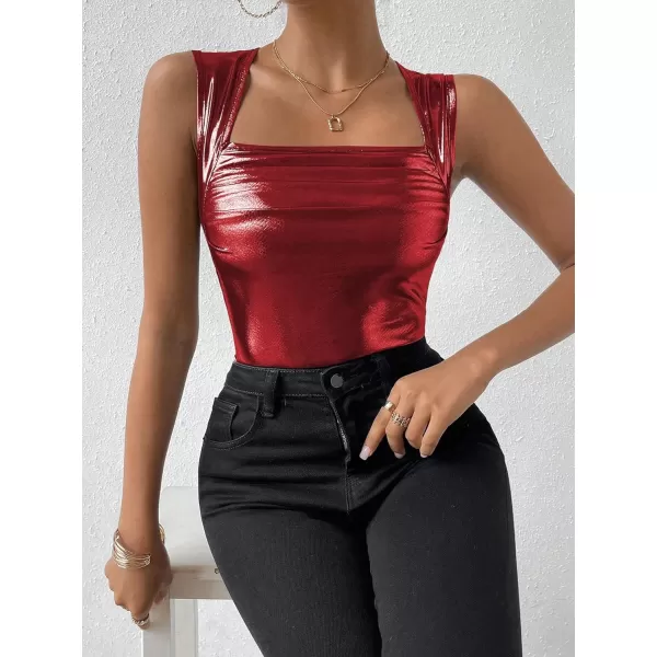 SweatyRocks Women's Metallic Ruched Square Neck Tank Top Sleeveless Slim Fit Party Crop Tank Top